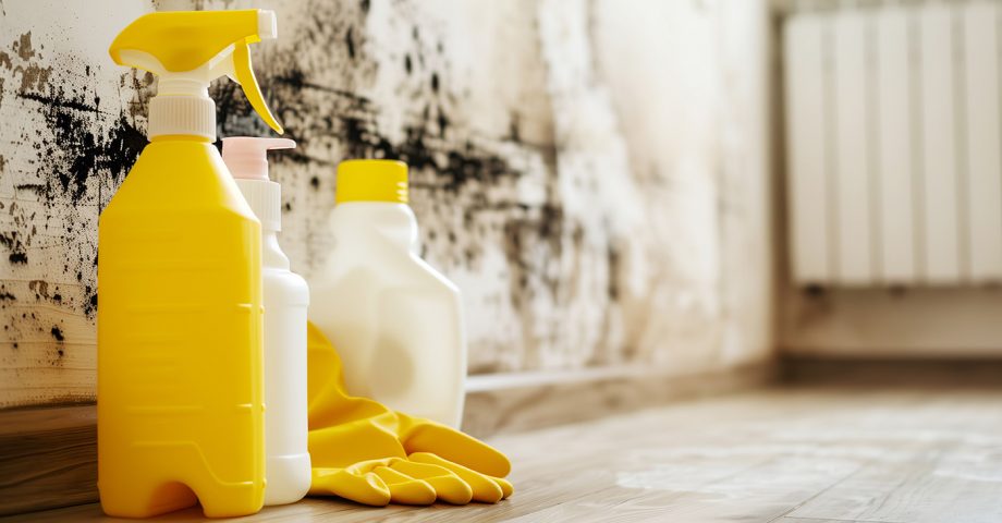 Various yellow and white bottles with cleaning chemicals and rubber gloves, against the background of a dirty white wall with fungus. Cleaning the house from mold. Copy space